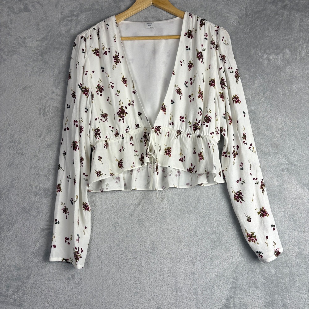 Sunday Best Aritzia White Burgundy Floral‎ Tie Front Blouse Top Large Western